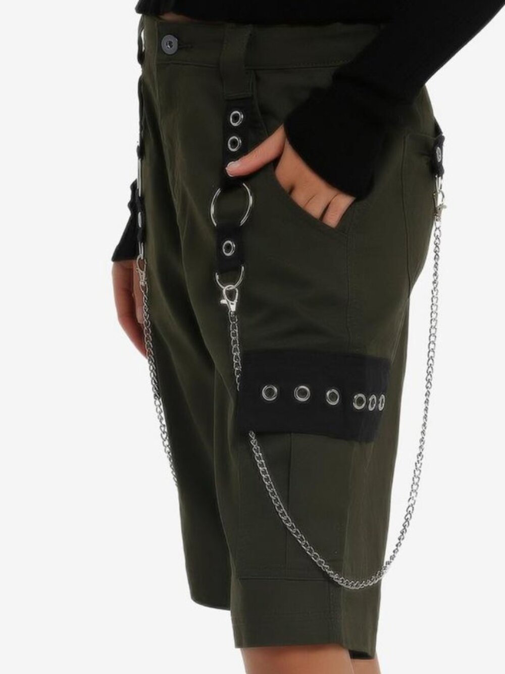 Social Collision Olive Green Grommet Chain Suspender Cargo Shorts